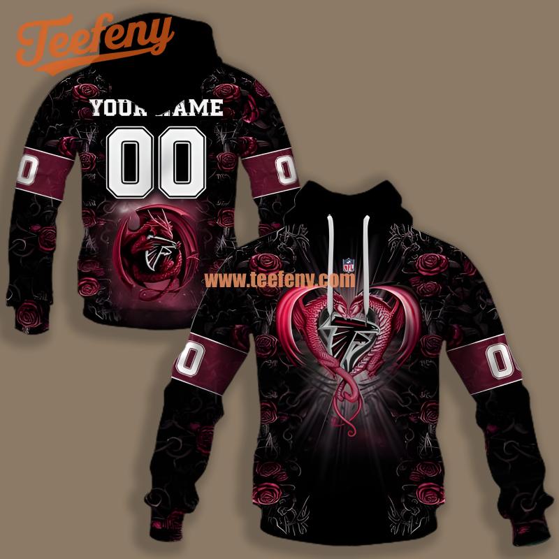 Atlanta Falcons Heart Dragon Rose Black 3D Zip Up Hoodie