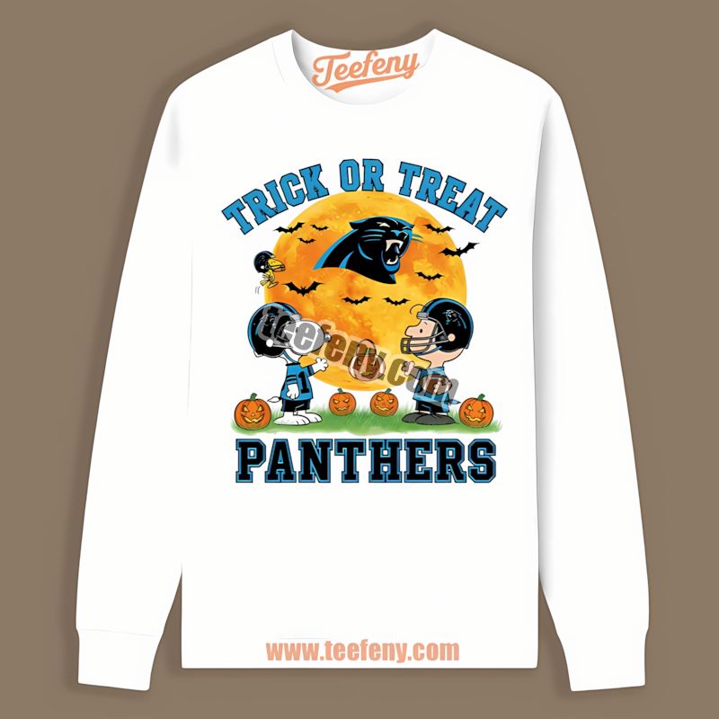 Carolina Panthers Halloween Trick Treat Charlie Snoopy Long Sleeve Carolina Panthers Halloween Trick Treat Charlie Snoopy Long Sleeve