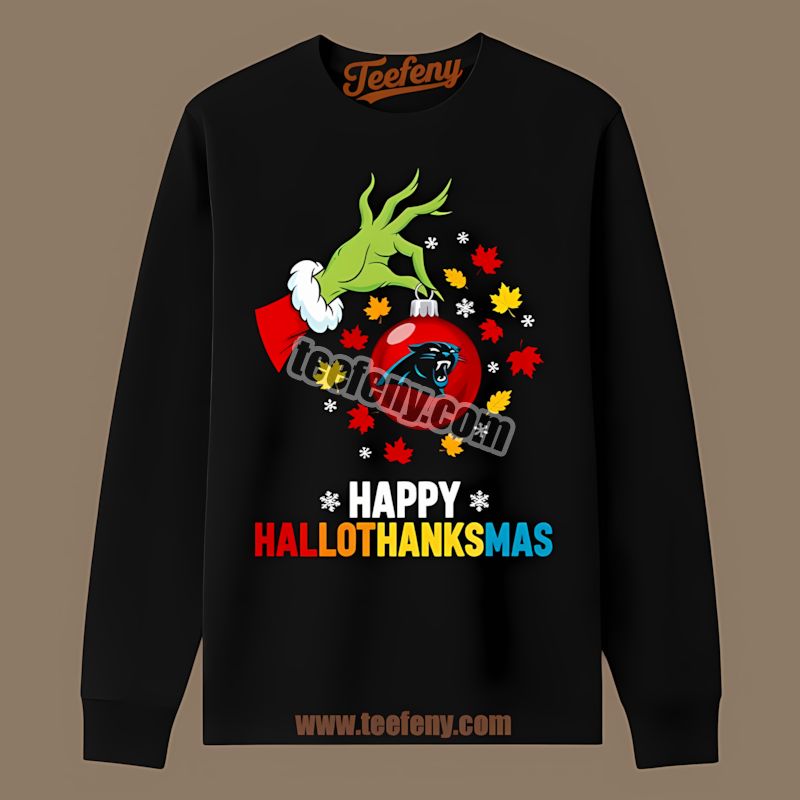 Carolina Panthers Happy Hallothanksmas Long Sleeve Graphic Carolina Panthers Happy Hallothanksmas Long Sleeve Graphic