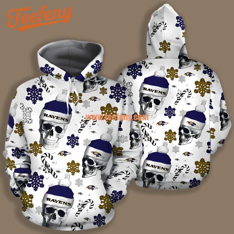 Baltimore Ravens Santa Skull Candy Blue White 3D Graphic