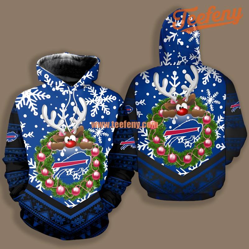 Buffalo Bills Christmas Wreath Reindeer Blue 3D Shirt Graphic Hoodie