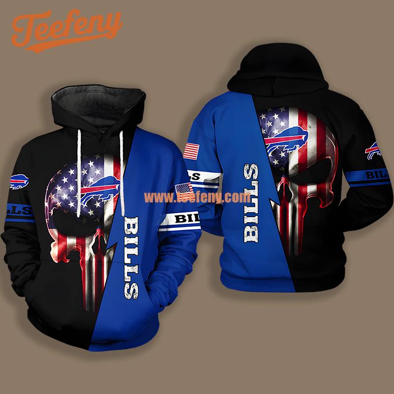 Buffalo Bills Us Flag Skull Black Blue 3D Shirt Hoodie Printing
