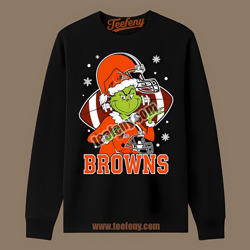 Grinch Holding Cleveland Browns Helmet Cotton Long Sleeve Grinch Holding Cleveland Browns Helmet Cotton Long Sleeve