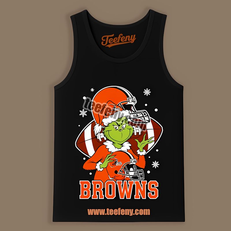 Grinch Holding Cleveland Browns Helmet Cotton Tanktop Grinch Holding Cleveland Browns Helmet Cotton Tanktop