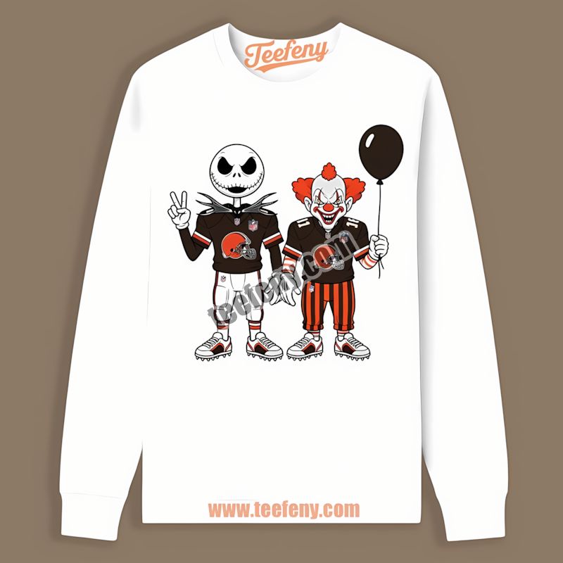 Halloween Cleveland Browns Jack Skellington Pennywise Long Sleeve Halloween Cleveland Browns Jack Skellington Pennywise Long Sleeve