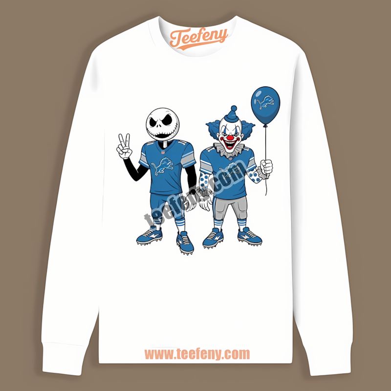 Halloween Detroit Lions Jack Skellington And Pennywise Graphic Long Sleeve Halloween Detroit Lions Jack Skellington And Pennywise Graphic Long Sleeve