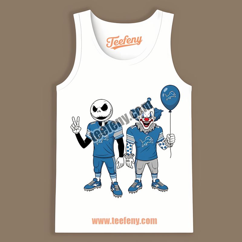 Halloween Detroit Lions Jack Skellington And Pennywise Graphic Tanktop Halloween Detroit Lions Jack Skellington And Pennywise Graphic Tanktop
