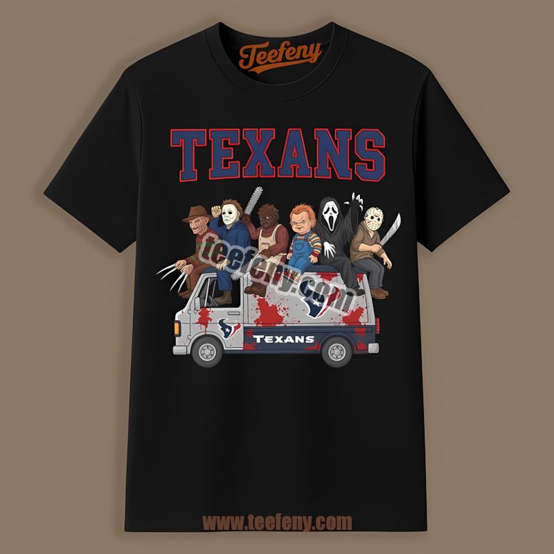 Horror Houston Texans Vs Halloween Characters On Bus Unisex Shirt