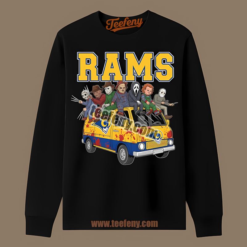 Horror Los Angeles Rams Vs Halloween Characters On Bus Color Long Sleeve Horror Los Angeles Rams Vs Halloween Characters On Bus Color Long Sleeve