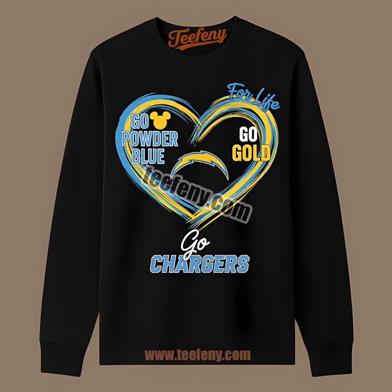 Los Angeles Chargers Heart Powder Blue Gold Spirit Color Long Sleeve Los Angeles Chargers Heart Powder Blue Gold Spirit Color Long Sleeve