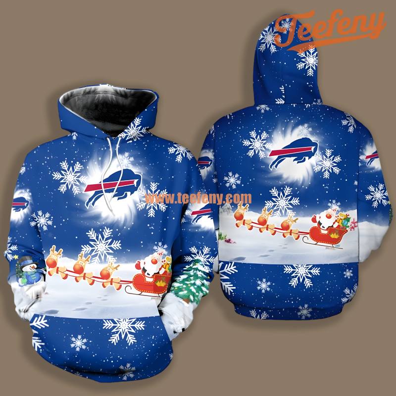 Reindeer Sleigh Buffalo Bills Blue White 3D Puff Shirt Hoodie