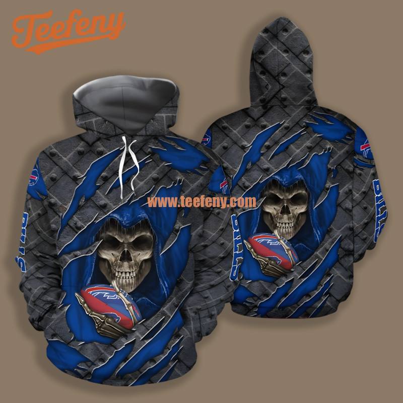 Skull Cracked Buffalo Bills Blue Grey 3D Shirt Hoodie For Sale