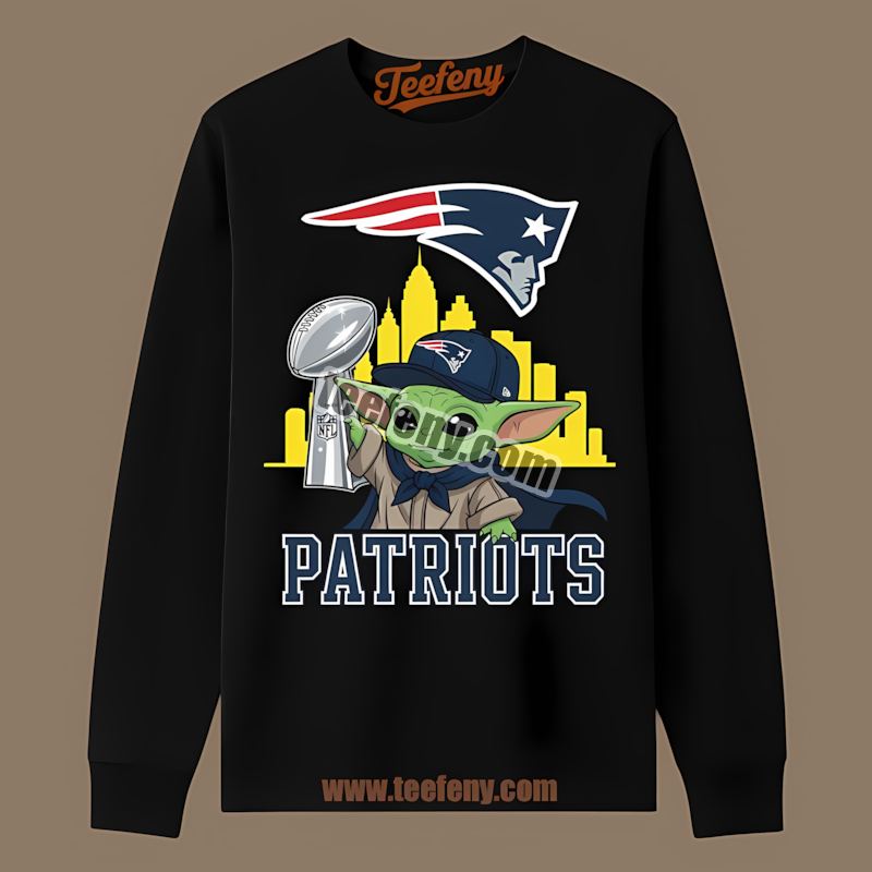Baby Yoda Holding Super Bowl Cup New England Patriots Graphic Long Sleeve Baby Yoda Holding Super Bowl Cup New England Patriots Graphic Long Sleeve