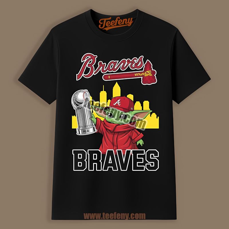 Baby Yoda Holding World Series Trophy Atlanta Braves Retro Baseball Shirt