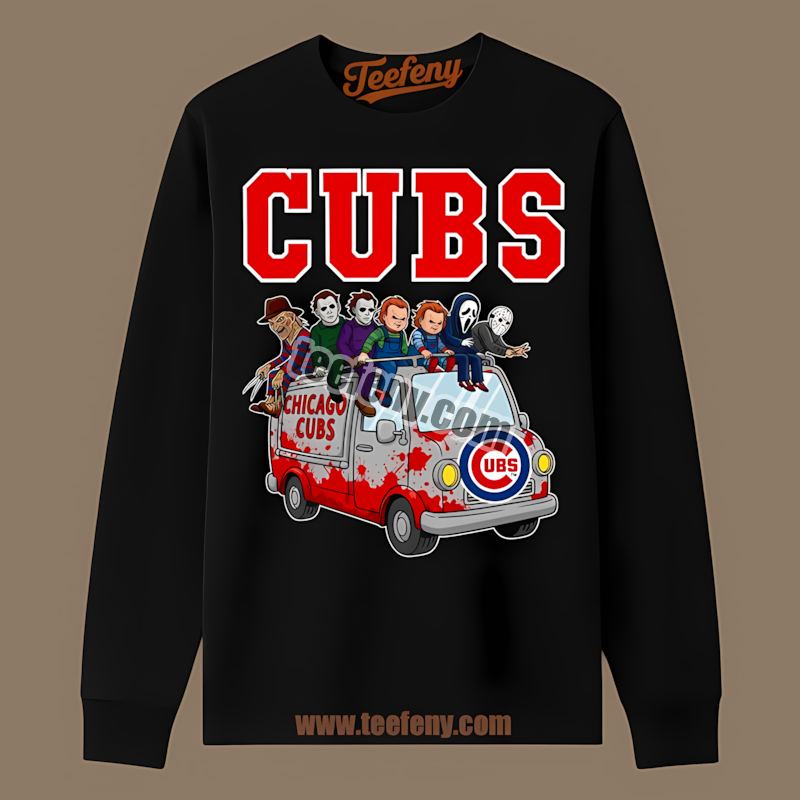 Chicago Cubs Horror Vs Halloween Characters On Bus Regular Long Sleeve Chicago Cubs Horror Vs Halloween Characters On Bus Regular Long Sleeve