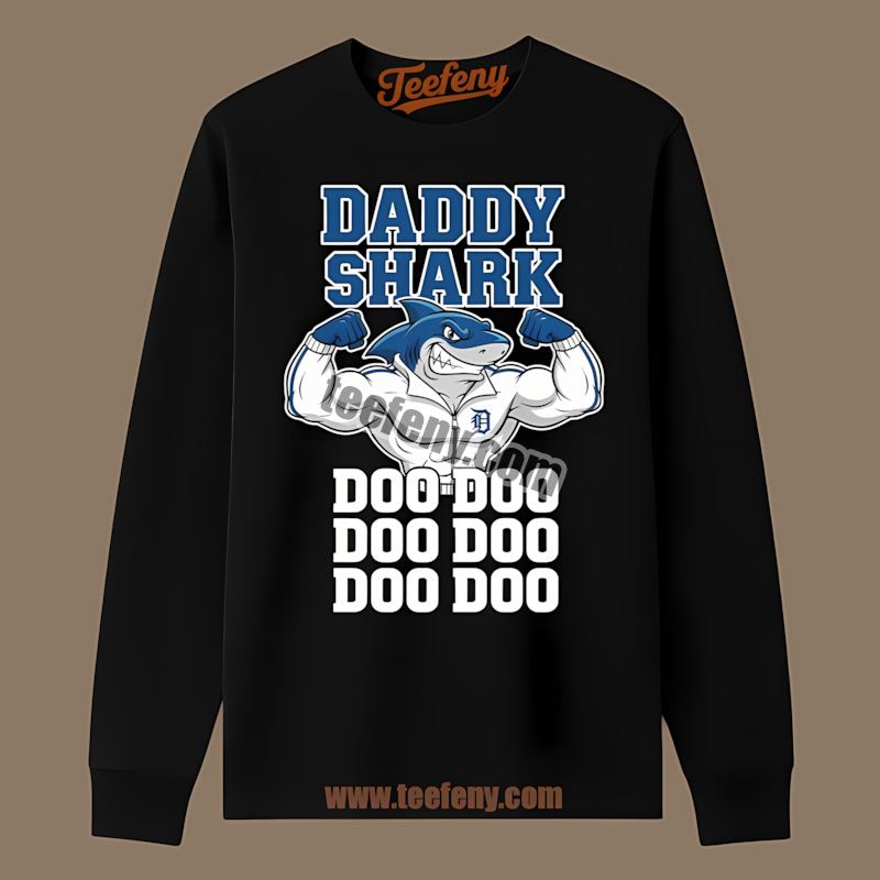Daddy Shark Detroit Tigers Color Long Sleeve Daddy Shark Detroit Tigers Color Long Sleeve