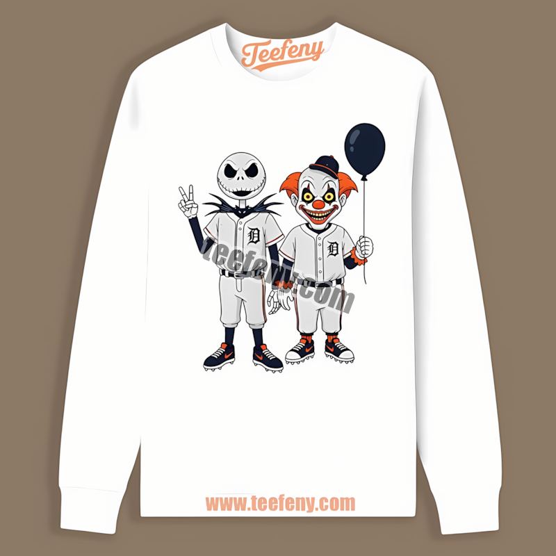 Detroit Tigers Halloween Jack Skellington Pennywise Graphic Long Sleeve Detroit Tigers Halloween Jack Skellington Pennywise Graphic Long Sleeve
