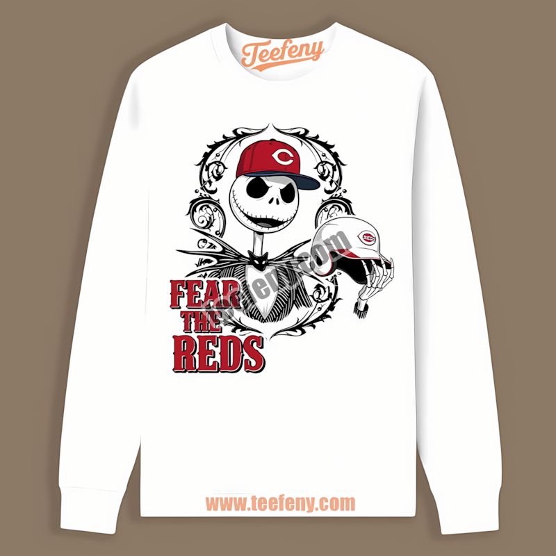 Fear The Cincinnati Reds Jack Skellington Mens Graphic Long Sleeve Fear The Cincinnati Reds Jack Skellington Mens Graphic Long Sleeve