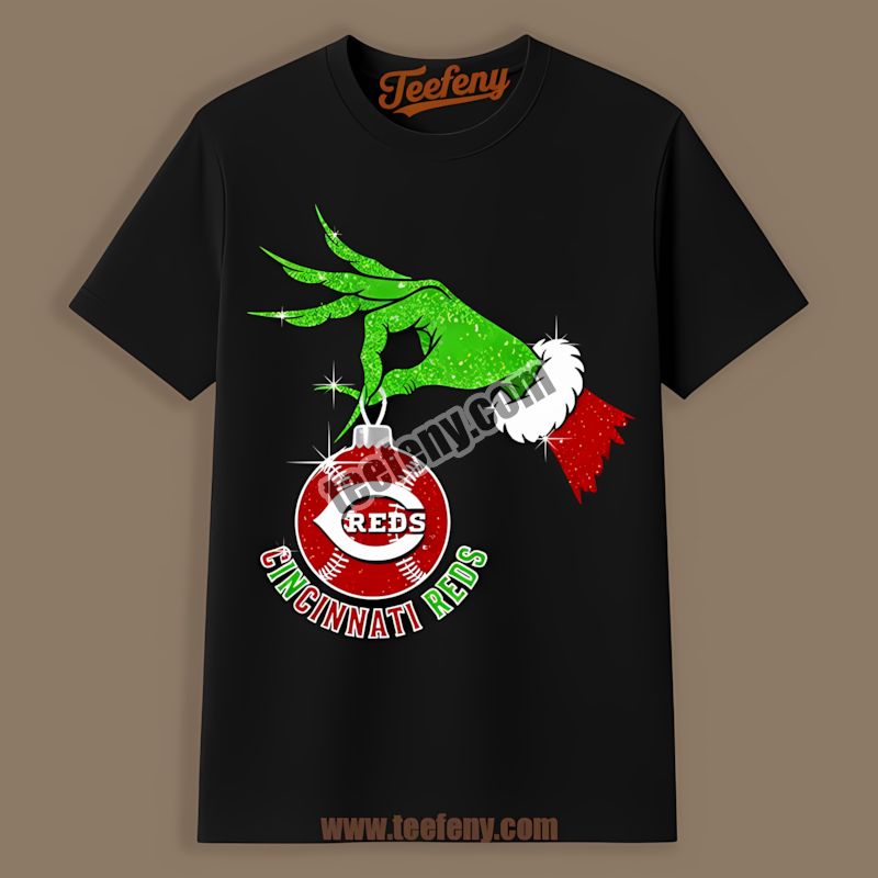 Grinch Hand Holding Cincinnati Reds Ornament Comfort Colors Tshirt