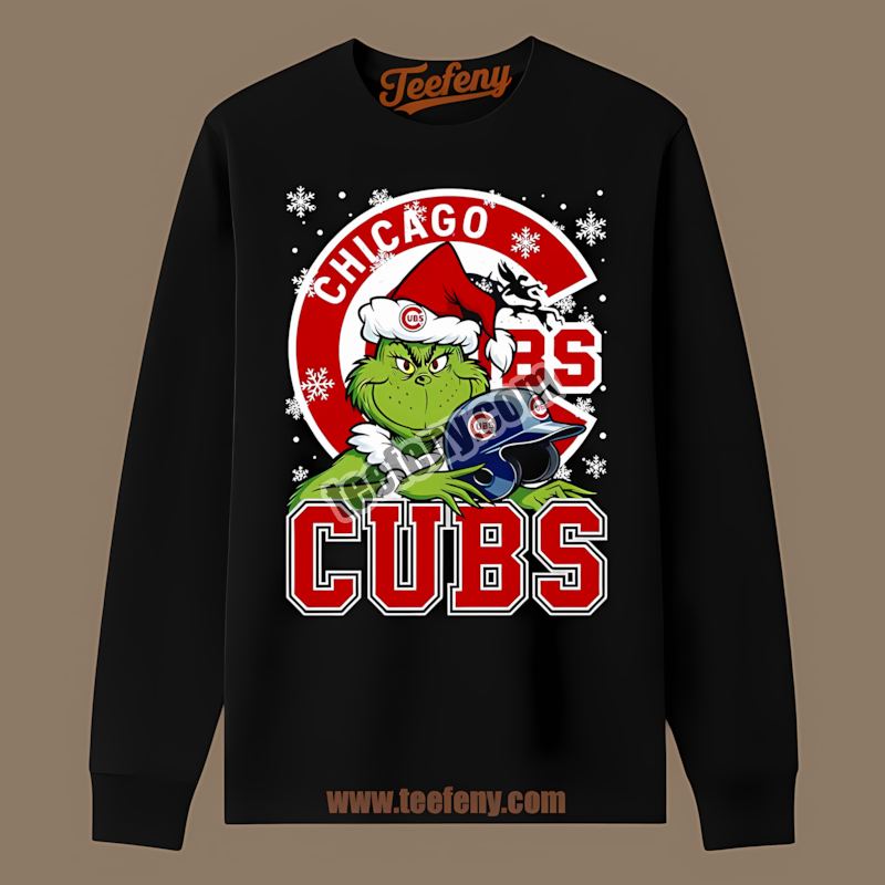Grinch Holding Chicago Cubs Helmet Adults Long Sleeve Grinch Holding Chicago Cubs Helmet Adults Long Sleeve