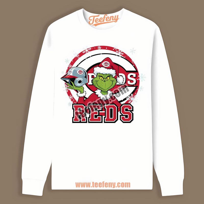 Grinch Holding Cincinnati Reds Helmet Sports Long Sleeve Grinch Holding Cincinnati Reds Helmet Sports Long Sleeve