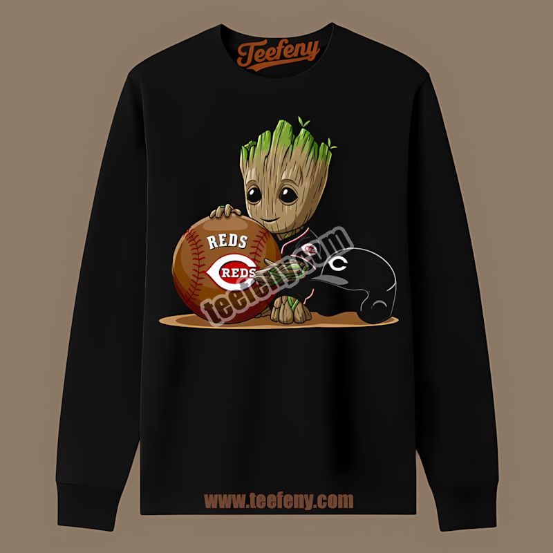 Groot Cheering For Cincinnati Reds Baseball Custom Made Long Sleeve Groot Cheering For Cincinnati Reds Baseball Custom Made Long Sleeve