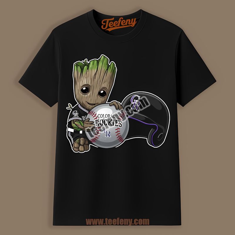 Groot Cheering For Colorado Rockies Baseball Custom Tee