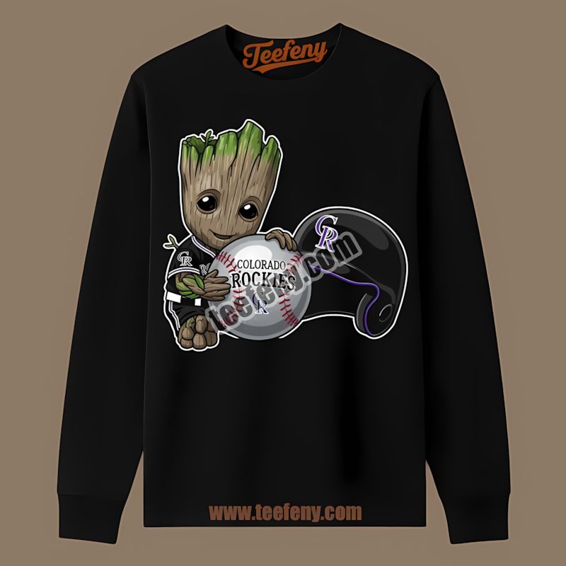 Groot Cheering For Colorado Rockies Baseball Custom Long Sleeve Groot Cheering For Colorado Rockies Baseball Custom Long Sleeve