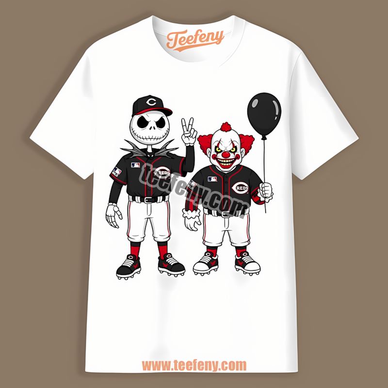 Halloween Cincinnati Reds Jack Skellington And Pennywise Tshirt For Women