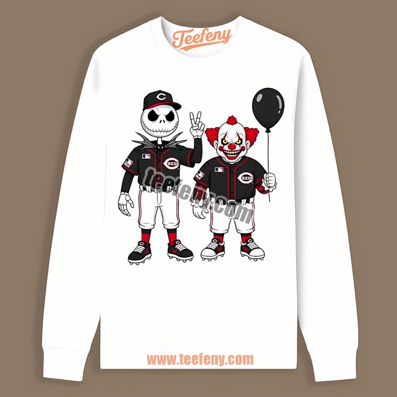 Halloween Cincinnati Reds Jack Skellington And Pennywise TLong Sleeve For Women Halloween Cincinnati Reds Jack Skellington And Pennywise TLong Sleeve For Women