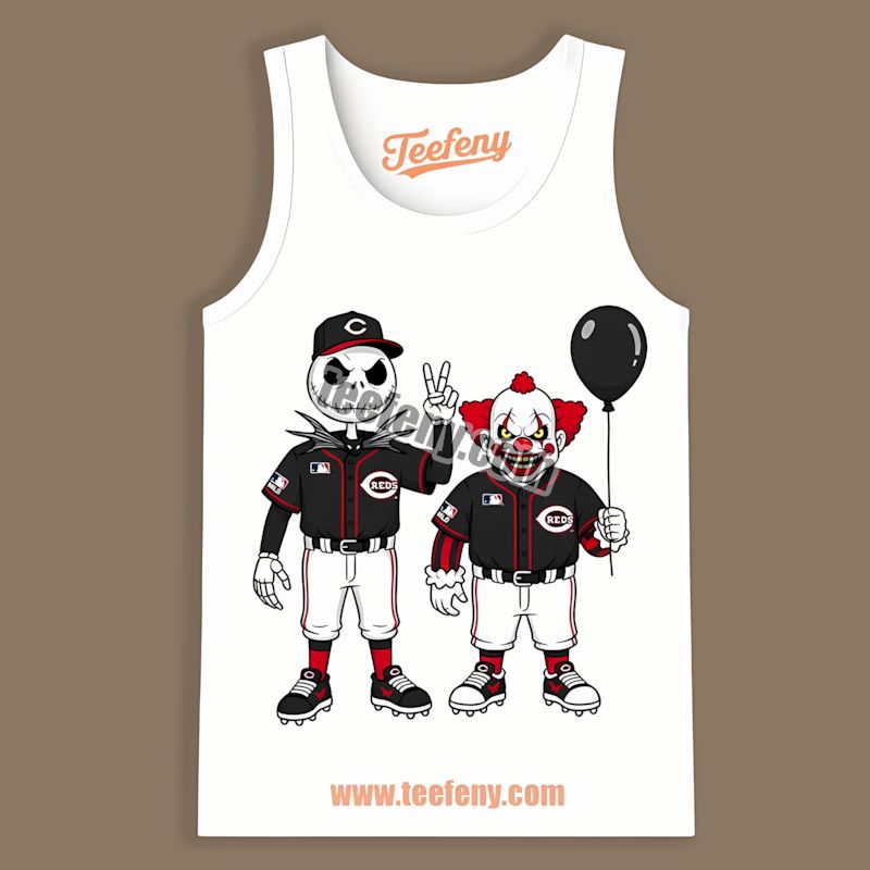 Halloween Cincinnati Reds Jack Skellington And Pennywise TTanktop For Women Halloween Cincinnati Reds Jack Skellington And Pennywise TTanktop For Women