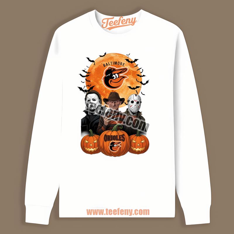 Halloween Jason Voorhees Michael Myers Freddy Krueger Baltimore Orioles Long Sleeve Halloween Jason Voorhees Michael Myers Freddy Krueger Baltimore Orioles Long Sleeve