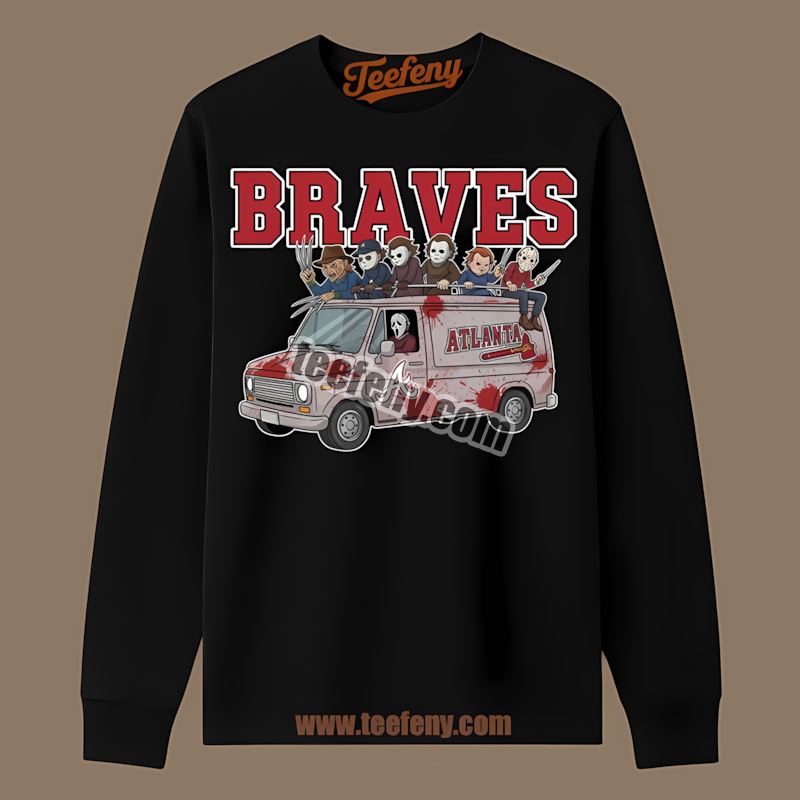 Horror Atlanta Braves Vs Halloween Characters On Bus Festival Long Sleeve Horror Atlanta Braves Vs Halloween Characters On Bus Festival Long Sleeve