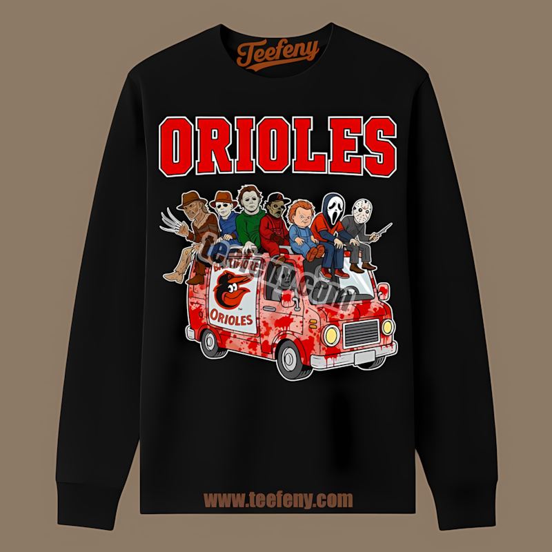 Horror Baltimore Orioles Vs Halloween Characters On Bus Custom Long Sleeve Horror Baltimore Orioles Vs Halloween Characters On Bus Custom Long Sleeve