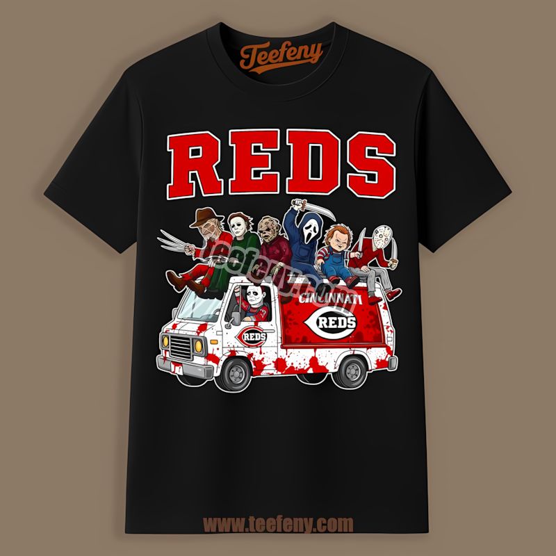 Horror Cincinnati Reds Vs Halloween Characters On Bus Cotton Shirt