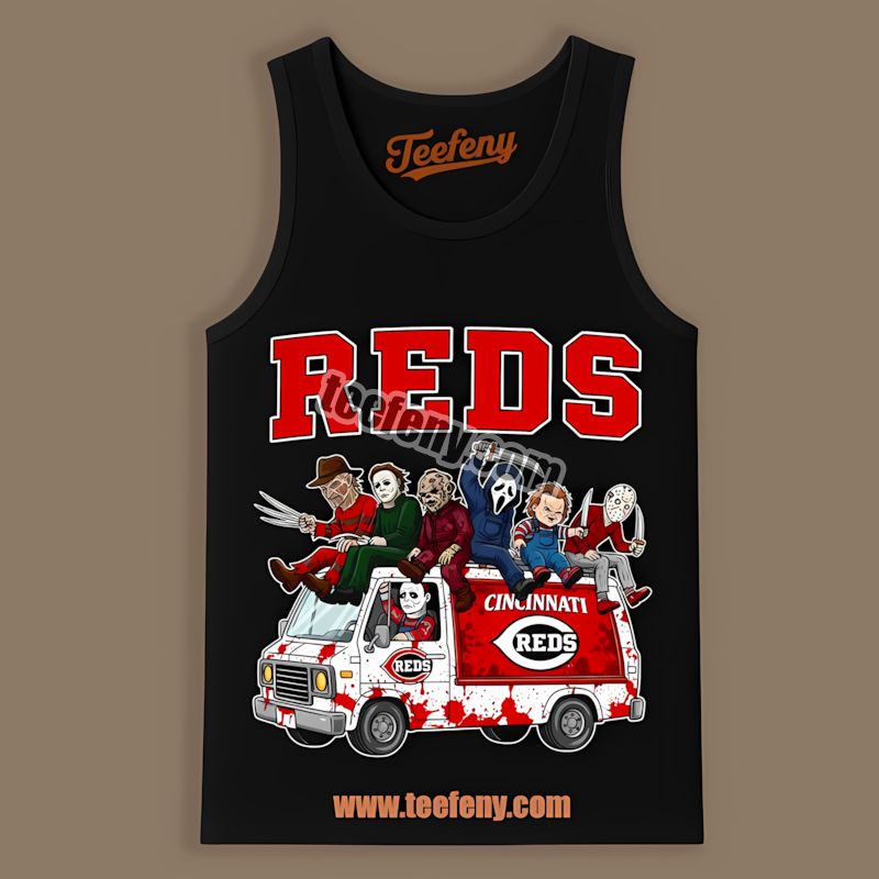 Horror Cincinnati Reds Vs Halloween Characters On Bus Cotton Tanktop Horror Cincinnati Reds Vs Halloween Characters On Bus Cotton Tanktop