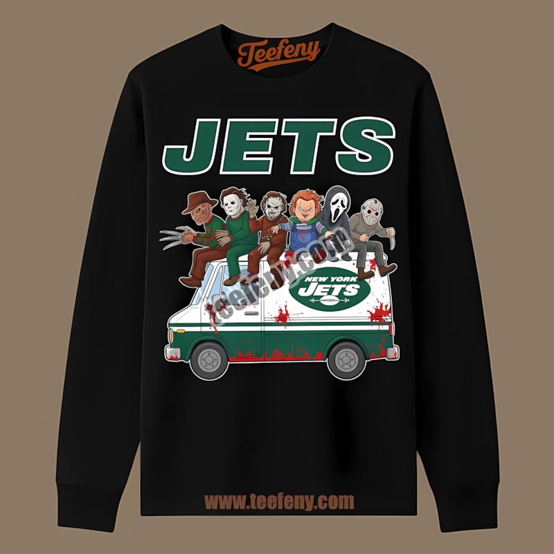 Horror Clash New York Jets Vs Halloween Bus Graphic Long Sleeve Horror Clash New York Jets Vs Halloween Bus Graphic Long Sleeve