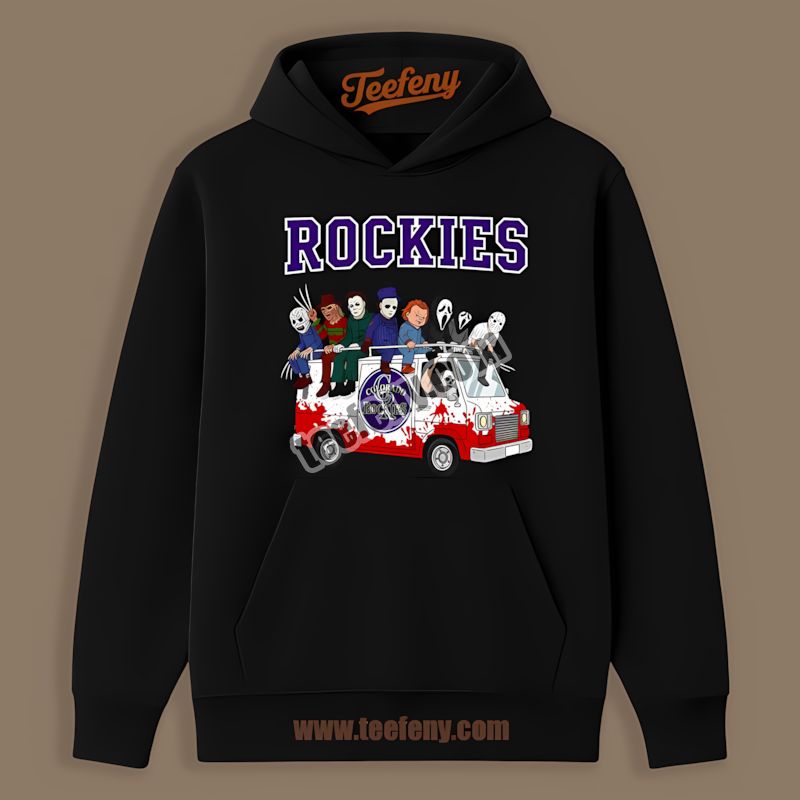 Horror Colorado Rockies Vs Halloween Characters On Bus Hoodie Design Horror Colorado Rockies Vs Halloween Characters On Bus Hoodie Design