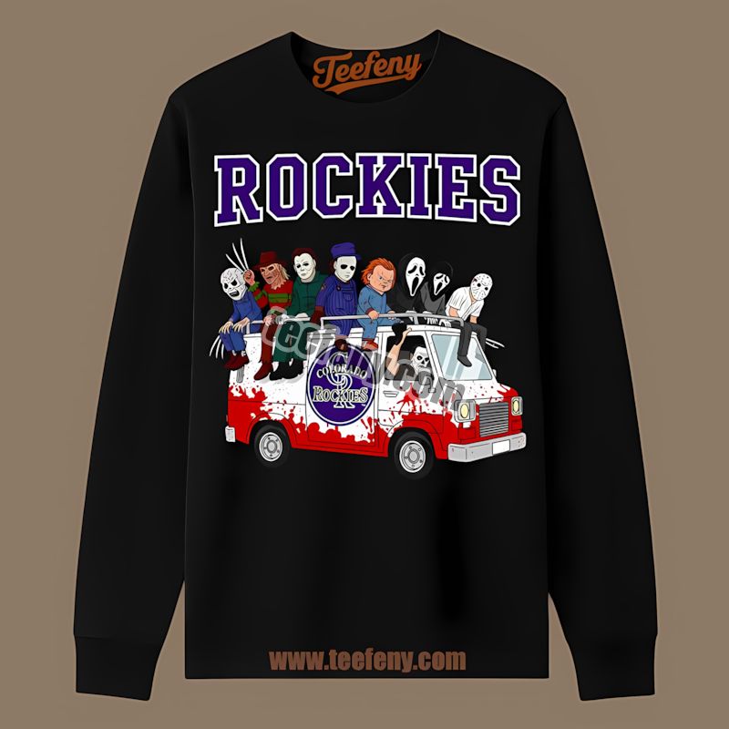 Horror Colorado Rockies Vs Halloween Characters On Bus Long Sleeve Design Horror Colorado Rockies Vs Halloween Characters On Bus Long Sleeve Design