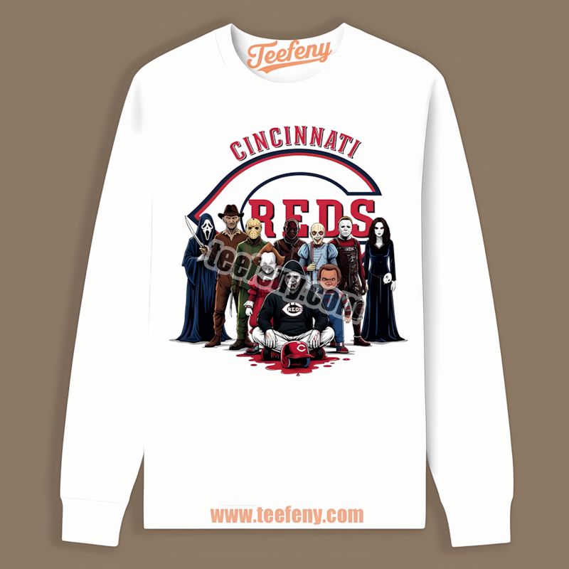 Horror Movie Characters Halloween Cincinnati Reds Graphic Long Sleeve Horror Movie Characters Halloween Cincinnati Reds Graphic Long Sleeve
