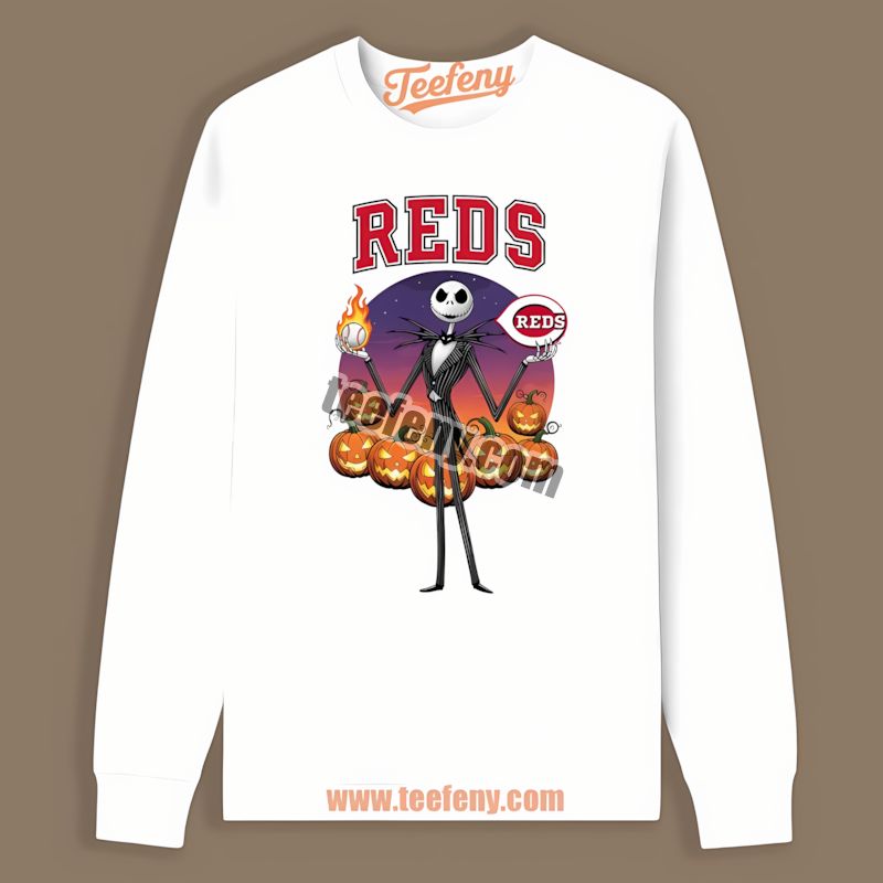 Jack Skellington Cincinnati Reds Halloween Crewneck Long Sleeve Jack Skellington Cincinnati Reds Halloween Crewneck Long Sleeve