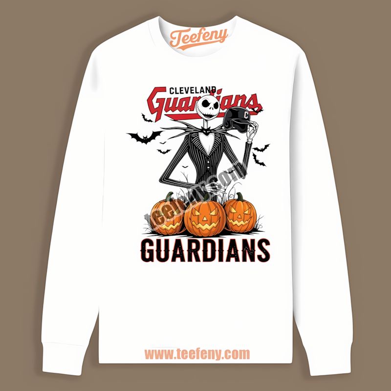 Jack Skellington Cleveland Guardians Halloween Pumpkin Printed Long Sleeve Jack Skellington Cleveland Guardians Halloween Pumpkin Printed Long Sleeve