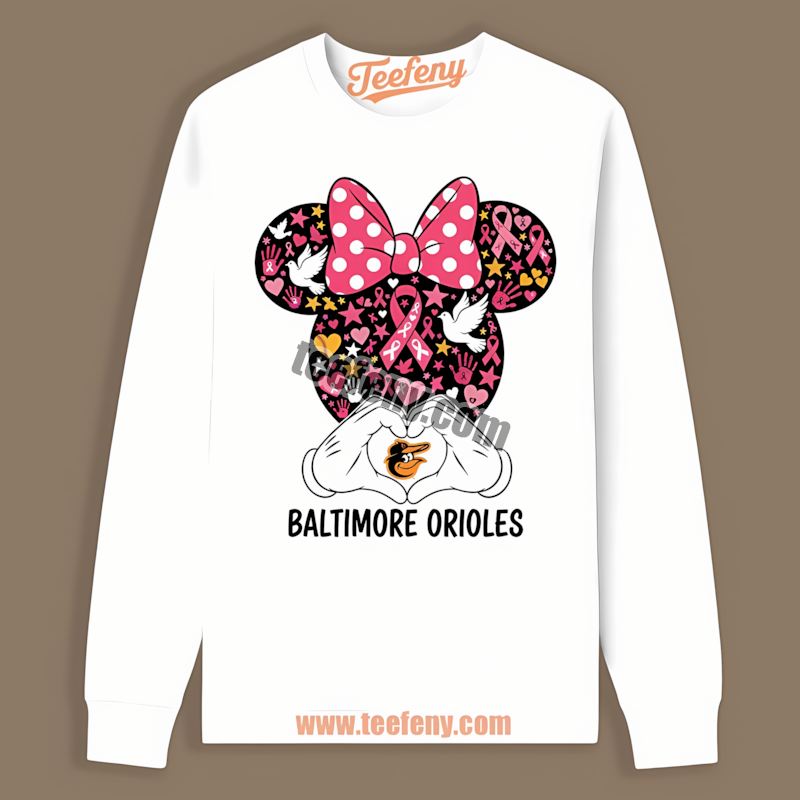 Minnie Mouse Breast Cancer Awareness Baltimore Orioles Long Sleeve Minnie Mouse Breast Cancer Awareness Baltimore Orioles Long Sleeve