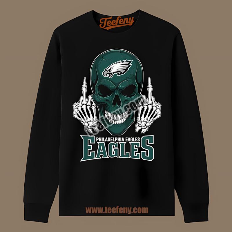 Philadelphia Eagles Skull With Middle Finger Graphic Long Sleeve Philadelphia Eagles Skull With Middle Finger Graphic Long Sleeve
