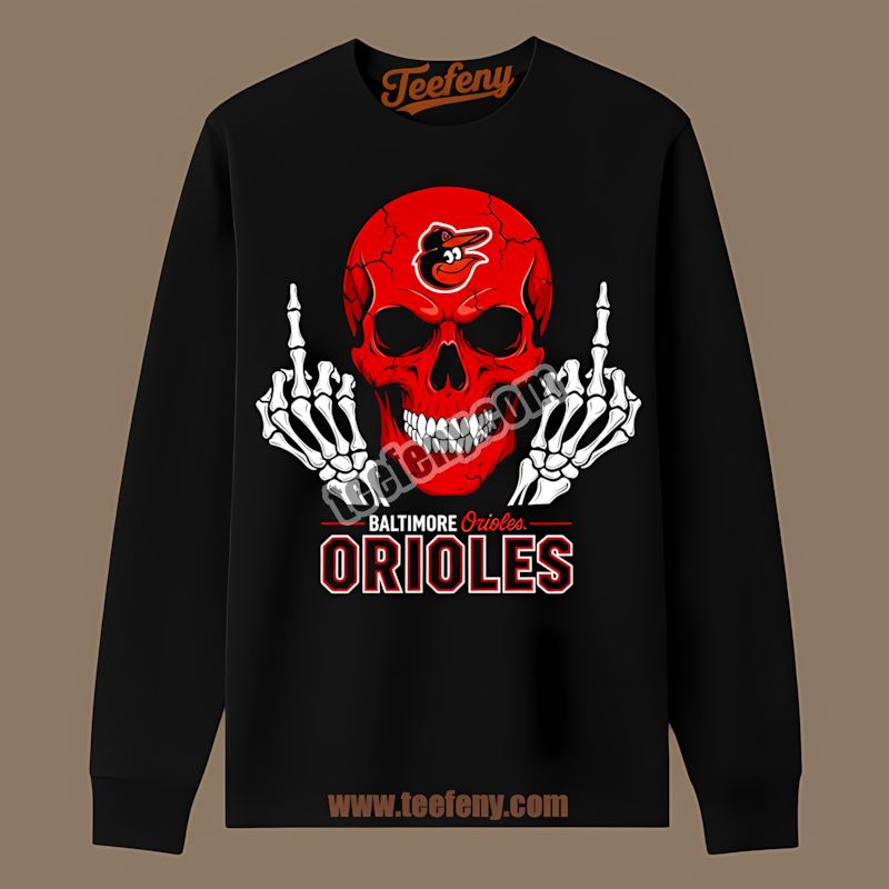 Skull Middle Finger Baltimore Orioles Statement Long Sleeve Skull Middle Finger Baltimore Orioles Statement Long Sleeve