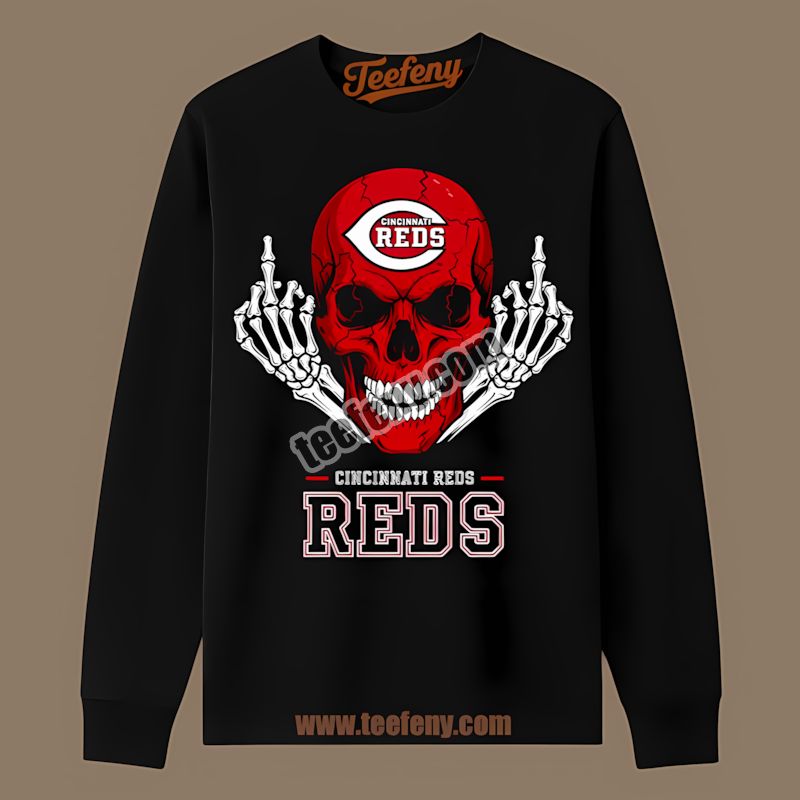 Skull Middle Finger Cincinnati Reds Bold Statement Long Sleeve Skull Middle Finger Cincinnati Reds Bold Statement Long Sleeve
