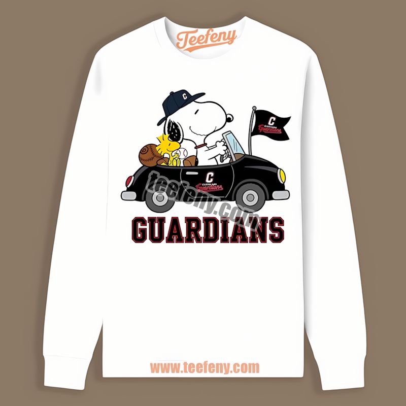 Snoopy Driving Car With Cleveland Guardians Logo Long Sleeve Snoopy Driving Car With Cleveland Guardians Logo Long Sleeve