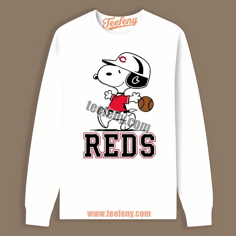 Snoopy Running Wearing Cincinnati Reds Baseball Long Sleeve Snoopy Running Wearing Cincinnati Reds Baseball Long Sleeve