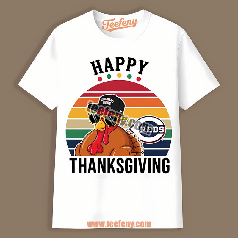 Thanksgiving Turkey Wearing Cincinnati Reds Hat Funny Shirt
