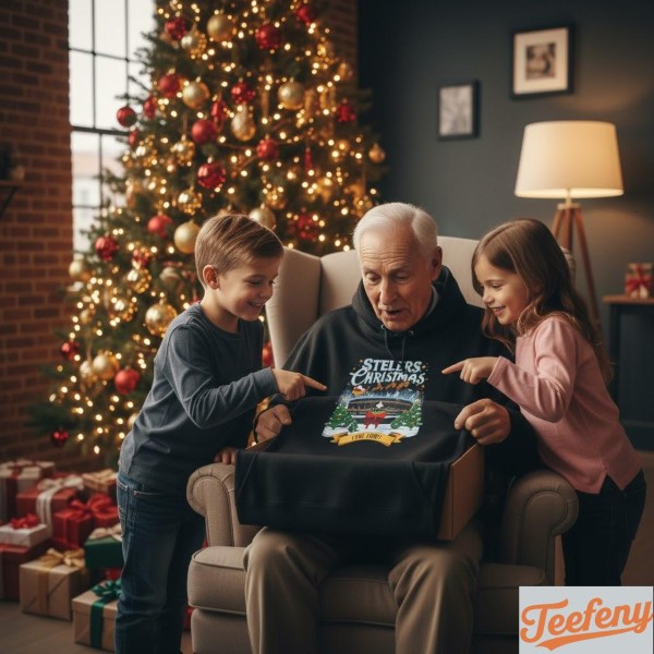 Family Christmas Morning Opening Steelers Gifts Together